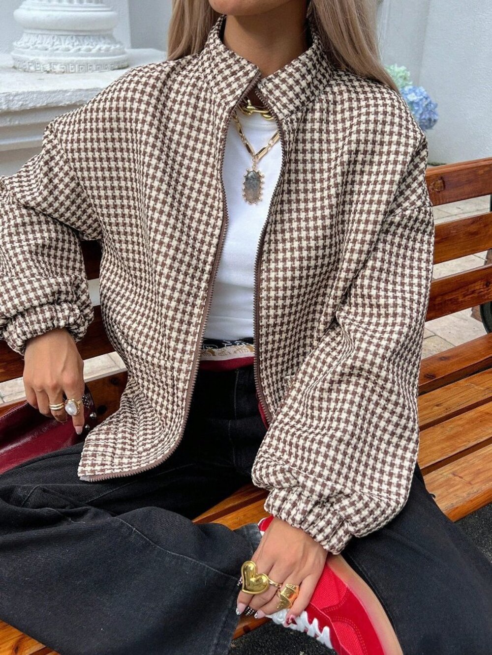 Brown Casual Women's Loose Fit Houndstooth Jacket - Picture 5 of 8